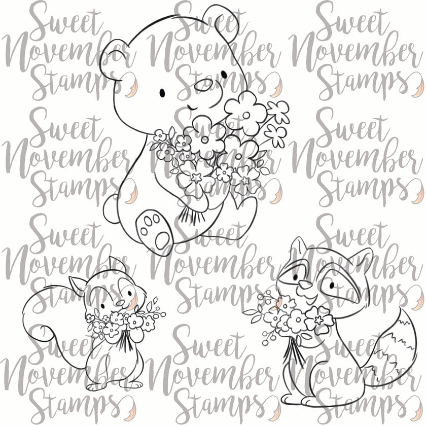 Digital Stamp - Spring Woodland: Squirrel, Cub and Raccoon