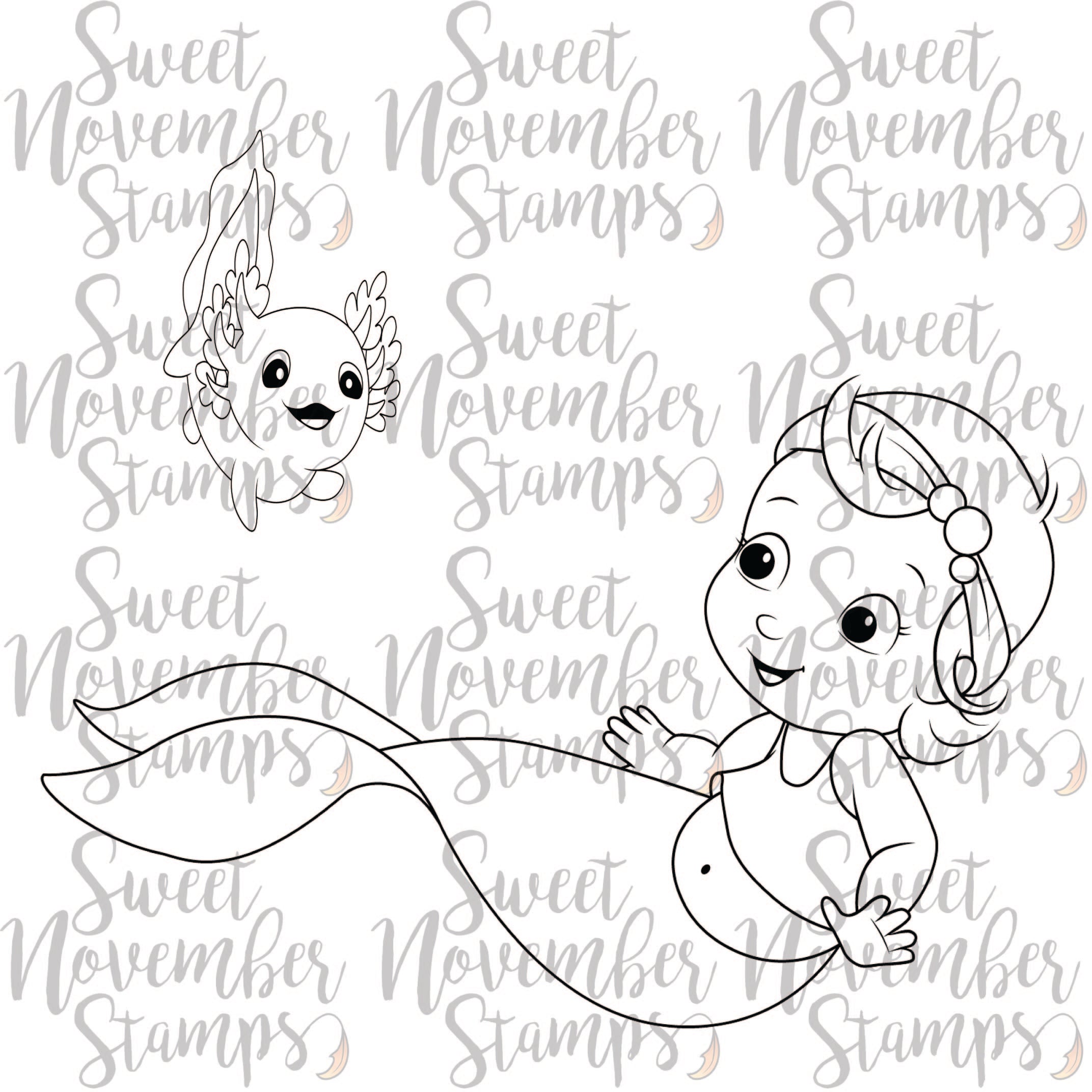Digital Stamp - Merbabies: Wave and Happy
